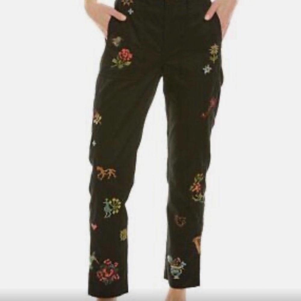Johnny Was Black Embroidered Ankle Pants with Multicolor Floral Motifs - Picture 4 of 9